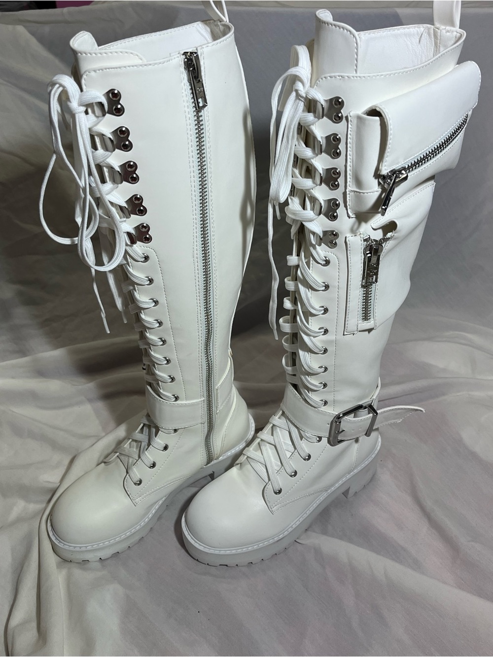 Dolls Kill Obsidian White Knee-High Combat Boots